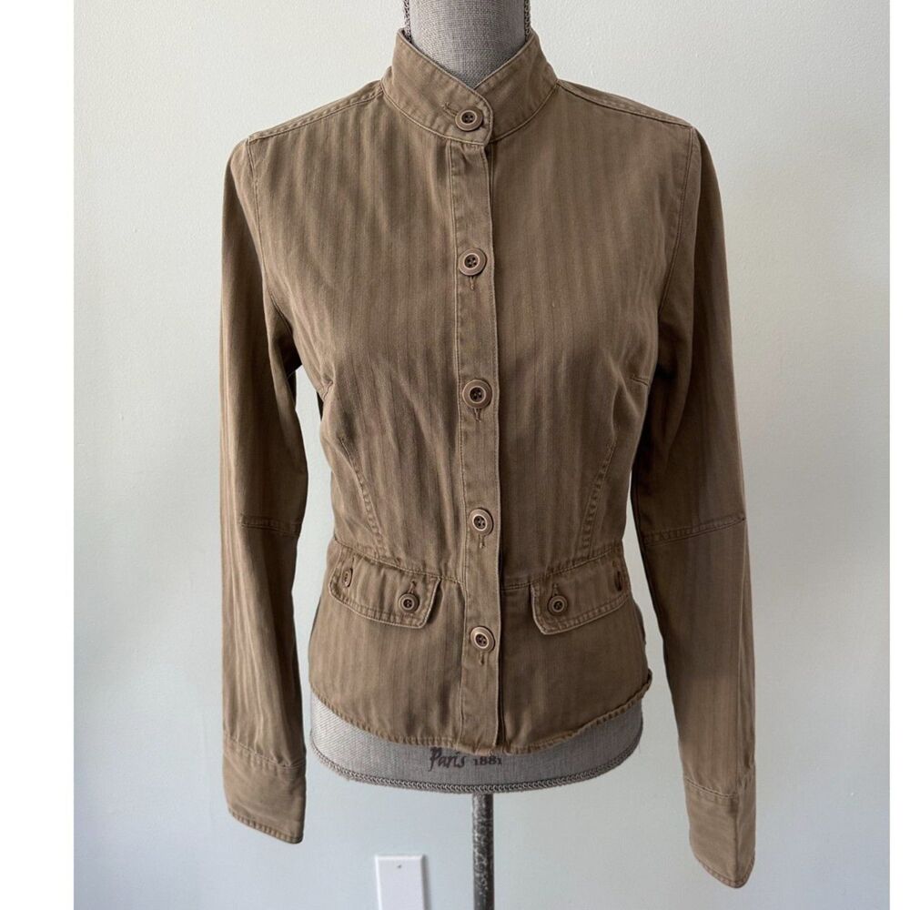 Vintage Y2K Utility Military Band Collar Herringbone Jacket Tan Brown size Small